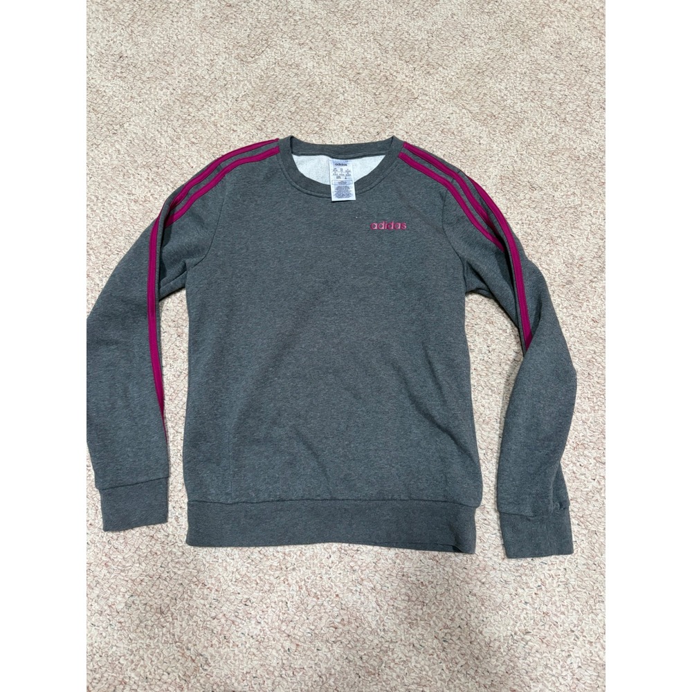 Adidas Womens Crewneck Sweatshirt Gray Pink 3 Stripe Fleece Pullover XS